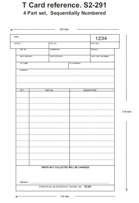 Motor Trade Parts T Card Ref S2-291 (4 Part)